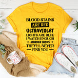 Blood Stains Are Red, Ultraviolet Lights Are Blue, I Watch Enough Murder Shows They’ll Never Find You T-Shirt